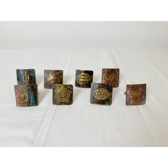 Decorative Brass Patina Copper Tone Southwestern Square Napkin Rings Set of 8 - Picture 1 of 8